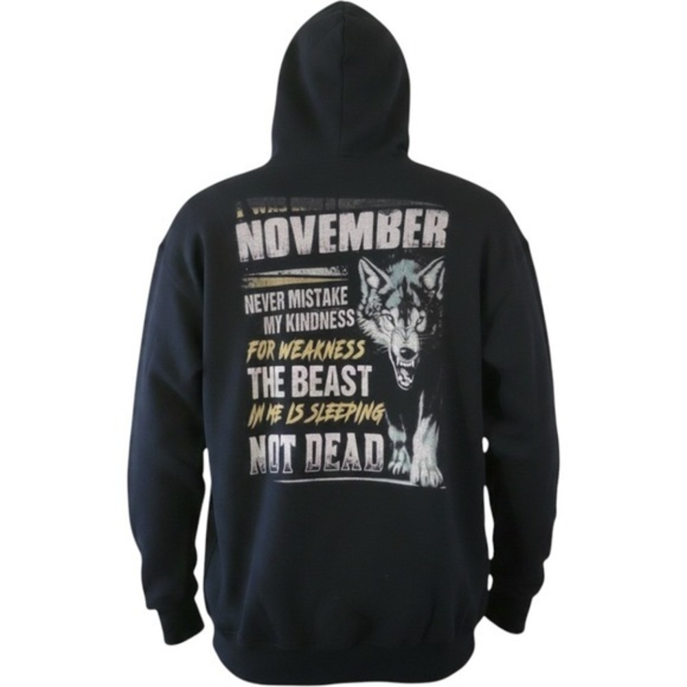 Jerzees Mens XL‎ Black November Birthday Wolf Graphic Pullover Hoodie Sweatshirt